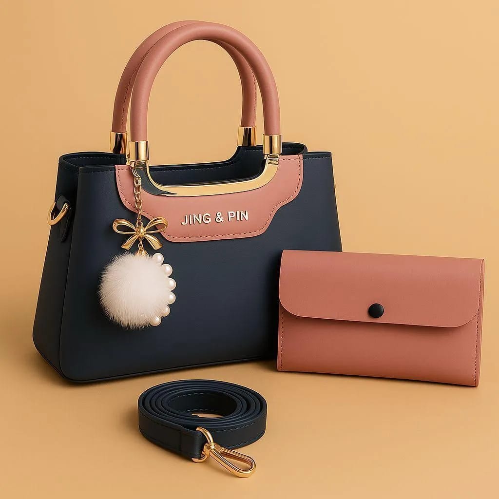black women's handbags Navy Pink Rexine Handbag Set with Wallet & Strap — women handbags & dresses — The Queens — gallery image 5