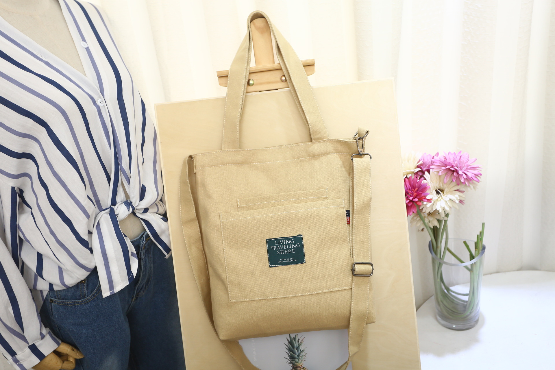 white women's handbags Yellow Canvas Shoulder Bag for Women with Detachable Strap — women handbags & dresses — The Queens — gallery image 8