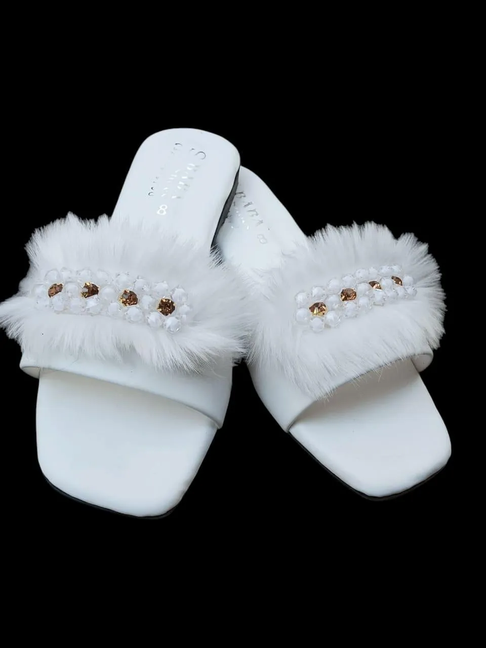white women sandals White Fluffy Slippers with Crystal Embellishments for Women — women handbags & dresses — The Queens — gallery image 2