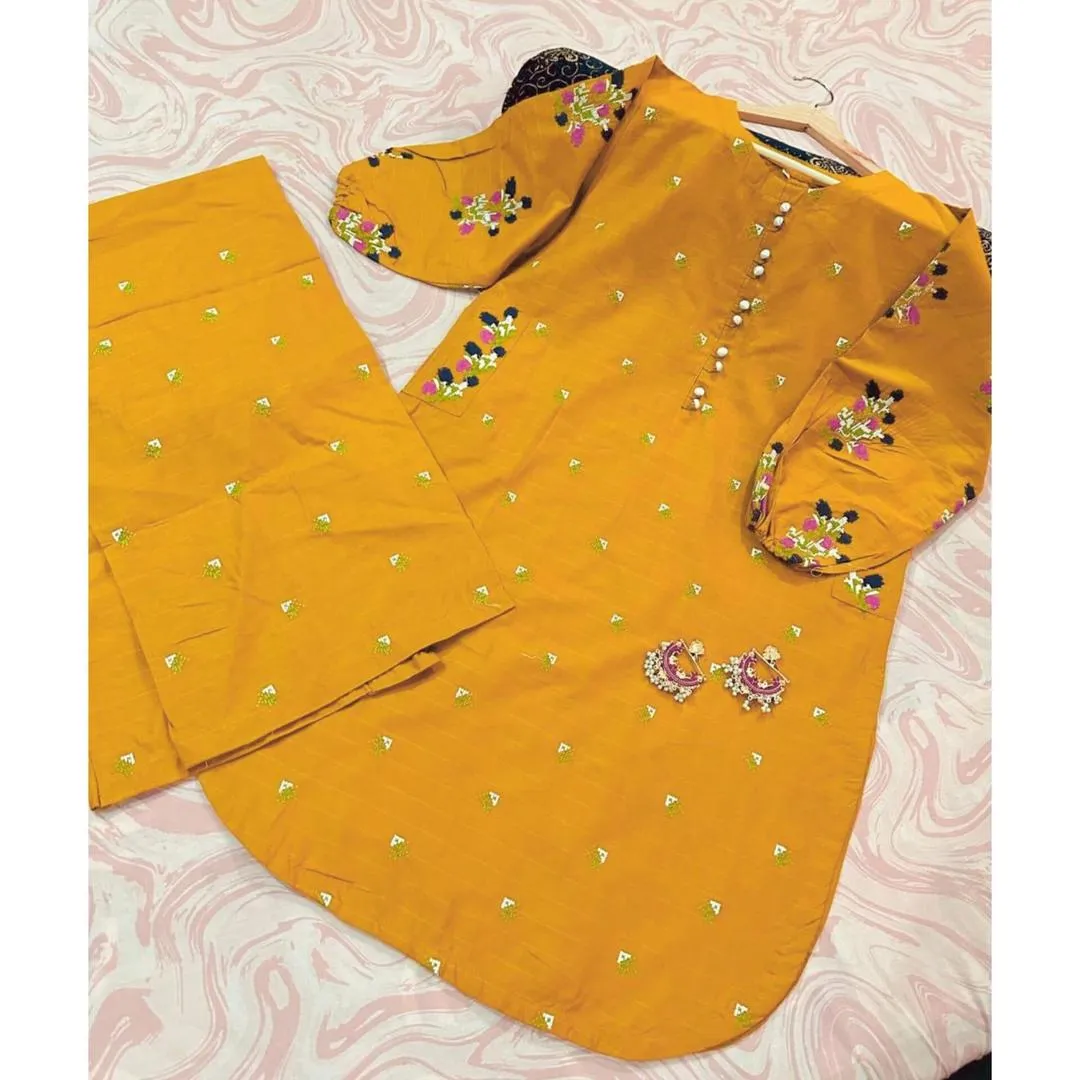 navy women's stitched Yellow Embroidered 2-Piece Cotton Set for Women — women handbags & dresses — The Queens — gallery image 2