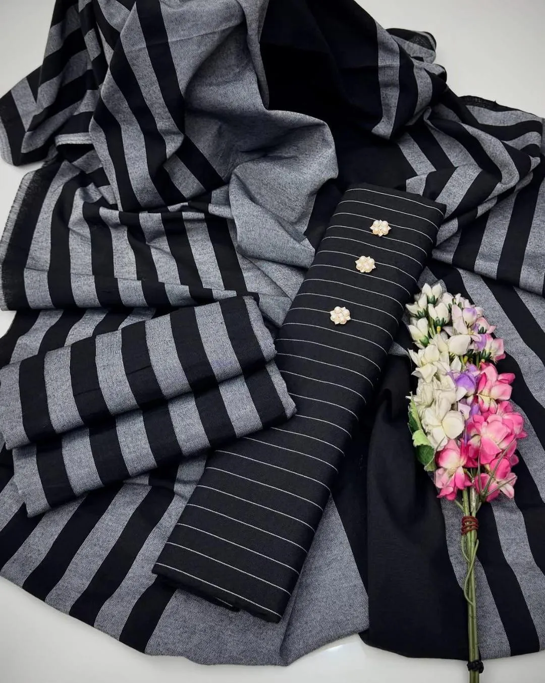 black women's unstitched Black Striped 3-Piece Khaadi Suit for Women — women handbags & dresses — The Queens — gallery image 3