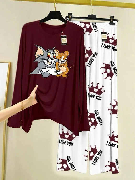 women's stitched Tom and Jerry Printed Night Suit Maroon White 2Pc — women handbags & dresses — The Queens