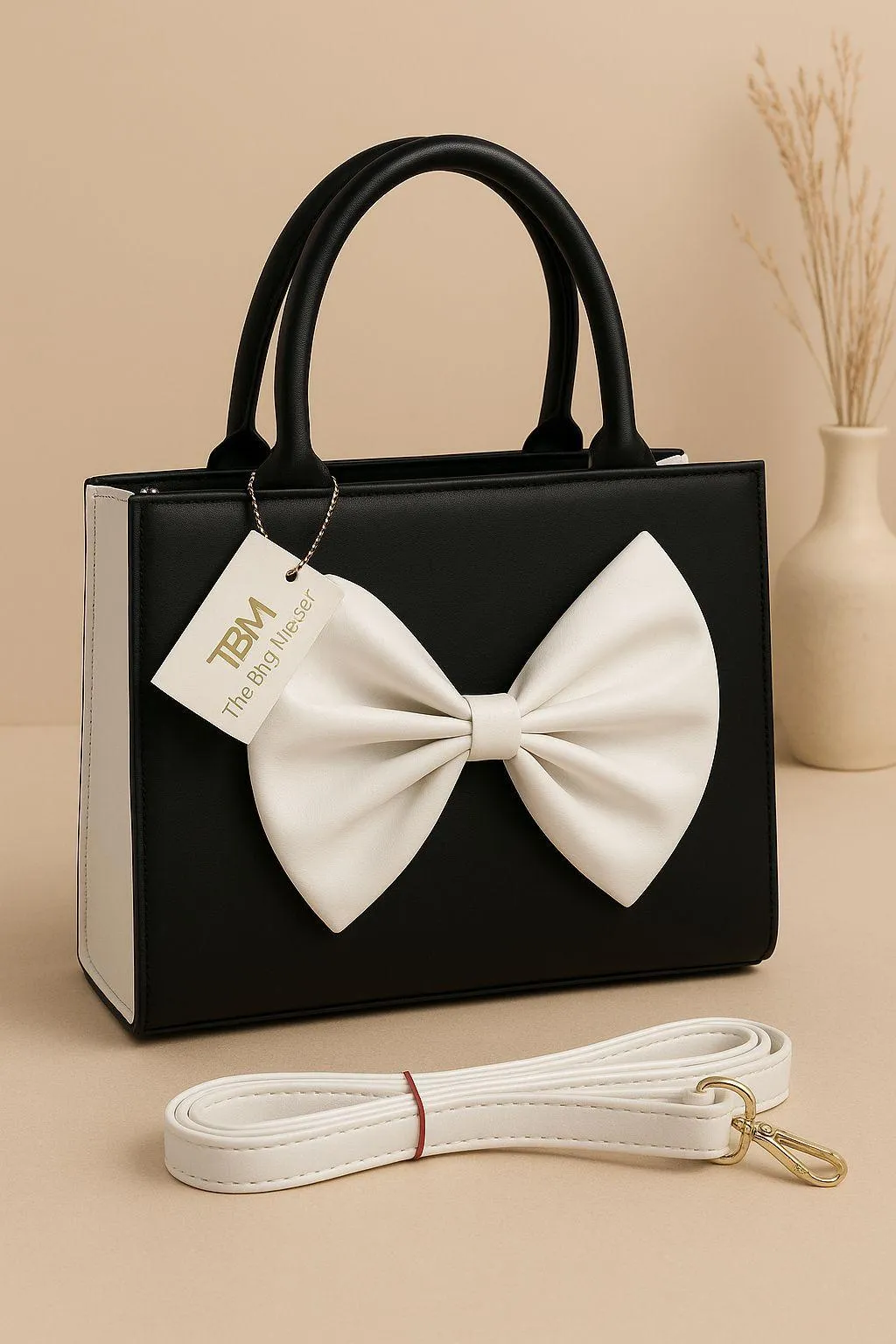 black women's handbags Black Bow Shoulder Bag for Women with White Strap — women handbags & dresses — The Queens