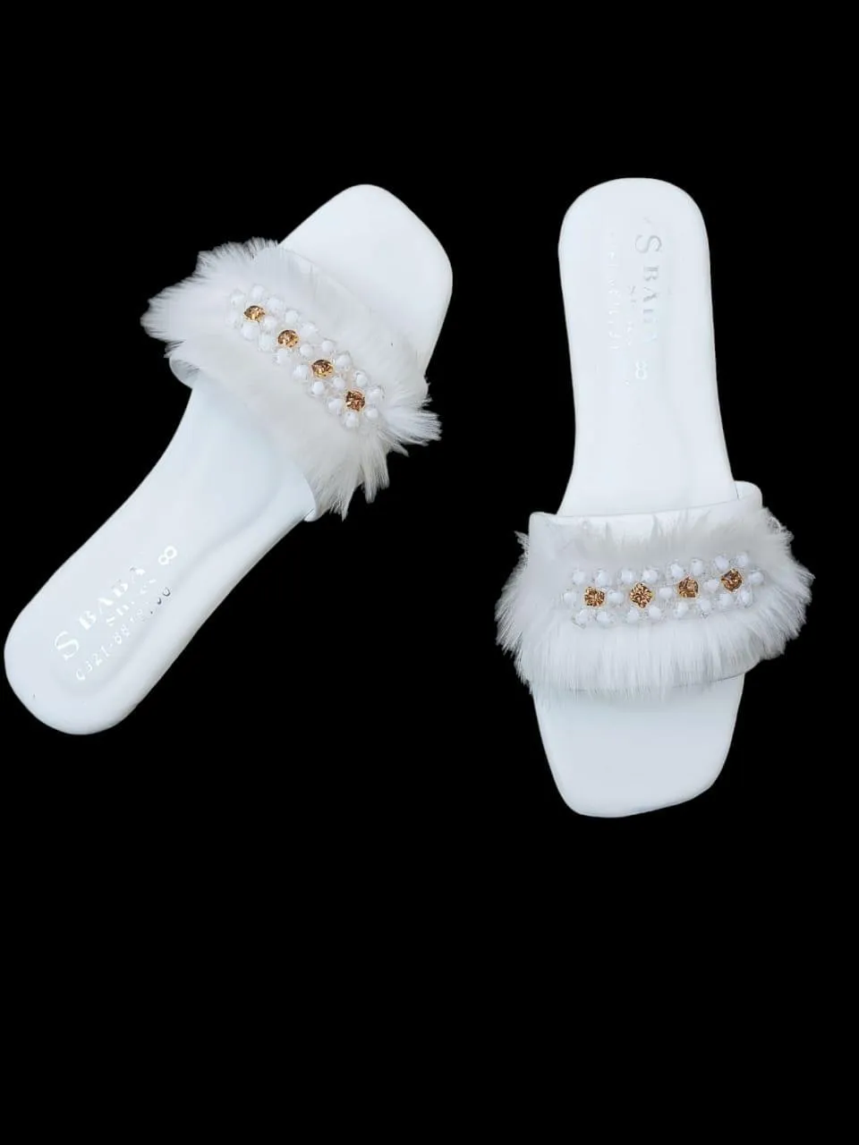 white women sandals White Fluffy Slippers with Crystal Embellishments for Women — women handbags & dresses — The Queens — gallery image 4