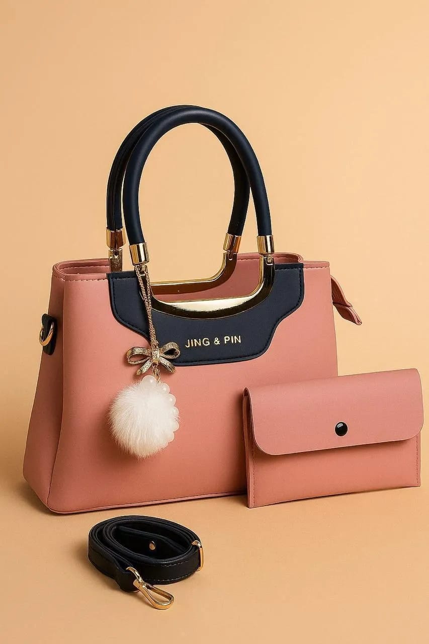 black women's handbags Navy Pink Rexine Handbag Set with Wallet & Strap — women handbags & dresses — The Queens — gallery image 2