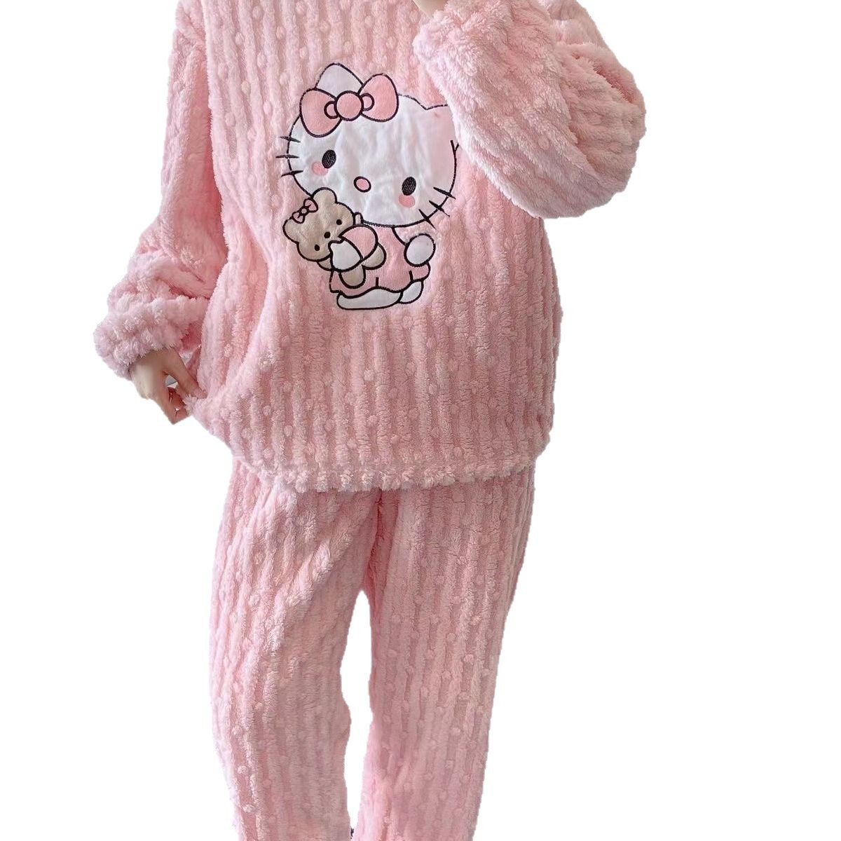 kitten pink women's stitched Women Fleece Hello Kitty Winter Pajamas Sweet Cartoon Home Wear — women handbags & dresses — The Queens — gallery image 2