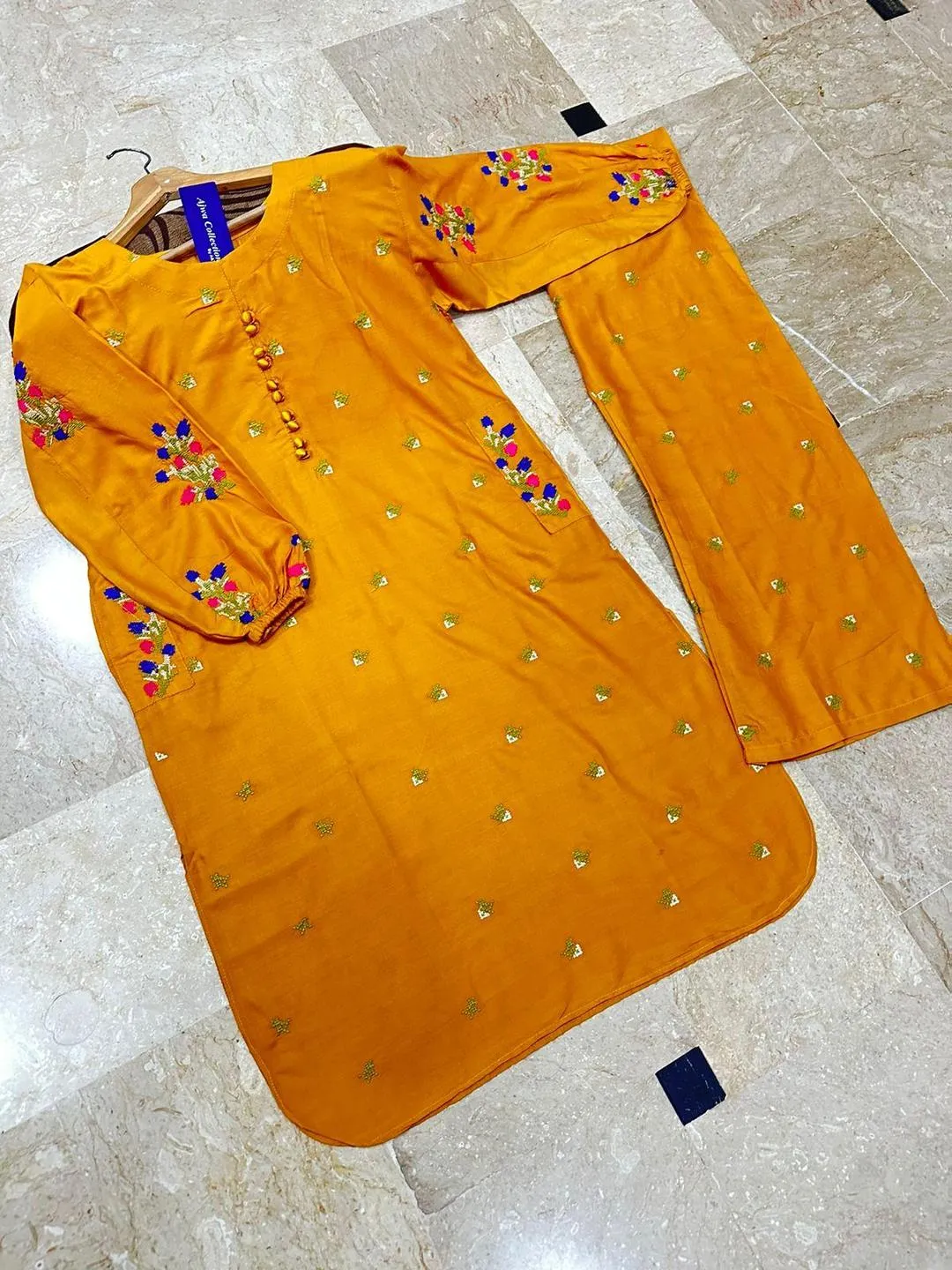 navy women's stitched Yellow Embroidered 2-Piece Cotton Set for Women — women handbags & dresses — The Queens