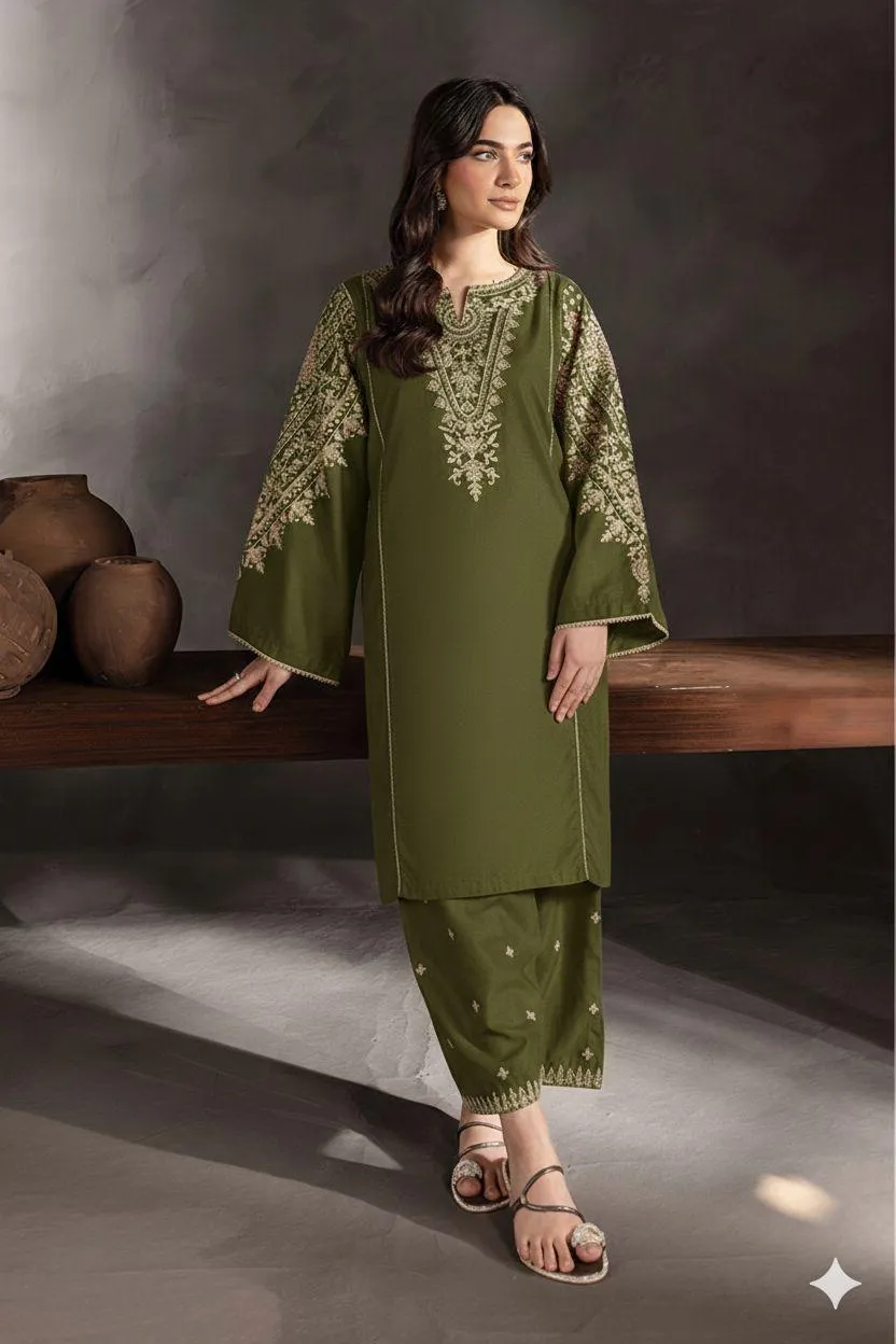 navy 🌙 eid '26 Green Embroidered Lawn 2Pcs Shirt Trouser Set — women handbags & dresses — The Queens