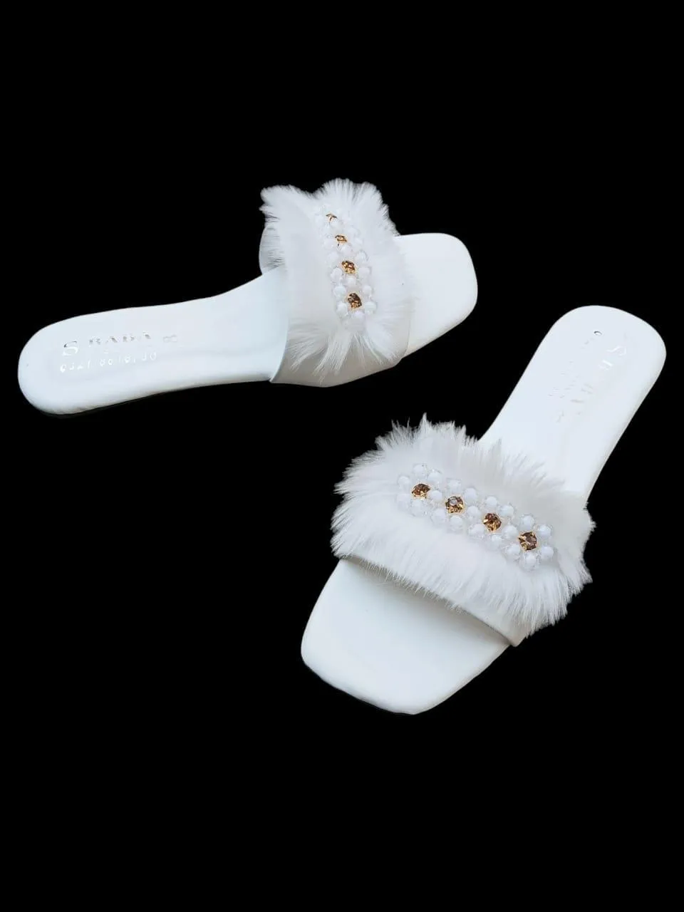 white women sandals White Fluffy Slippers with Crystal Embellishments for Women — women handbags & dresses — The Queens — gallery image 3