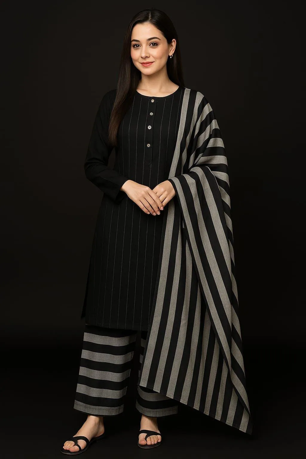 Black Striped 3-Piece Khaadi Suit for Women