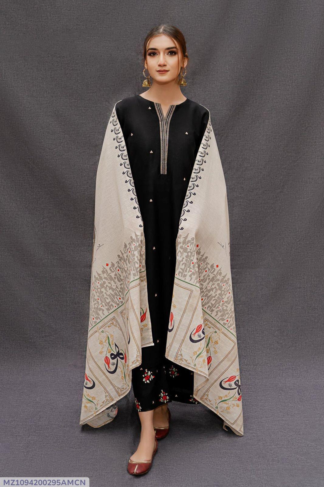 Black Embroidered Lawn 3Pcs Set with Digital Dupatta