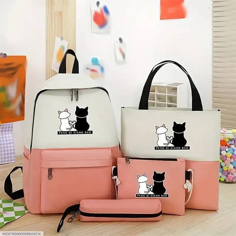 black women's handbags Cat Print 4-Piece Pink Backpack Set for Students Office — women handbags & dresses — The Queens