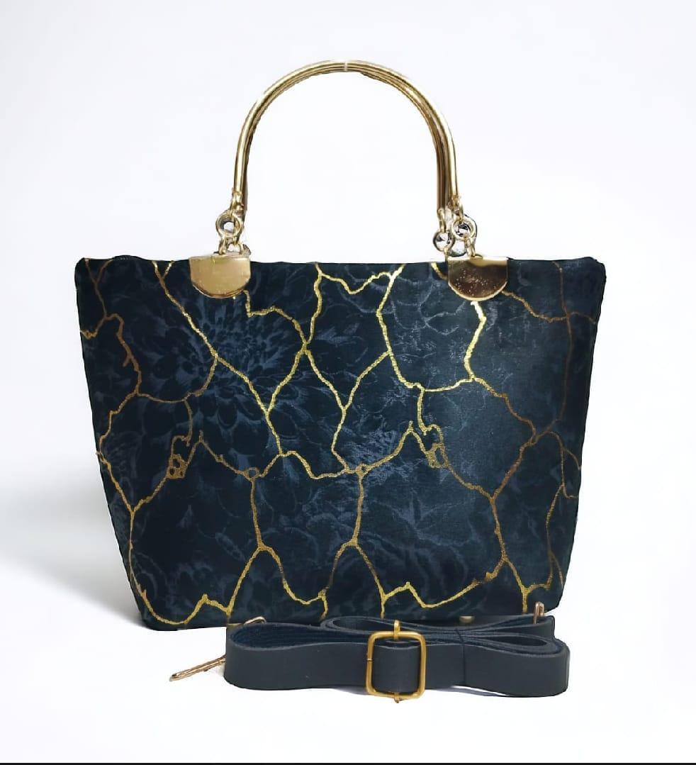 blue women's handbags Girls Velvet Printed Handbag Blue 10x5x8" — women handbags & dresses — The Queens — gallery image 2