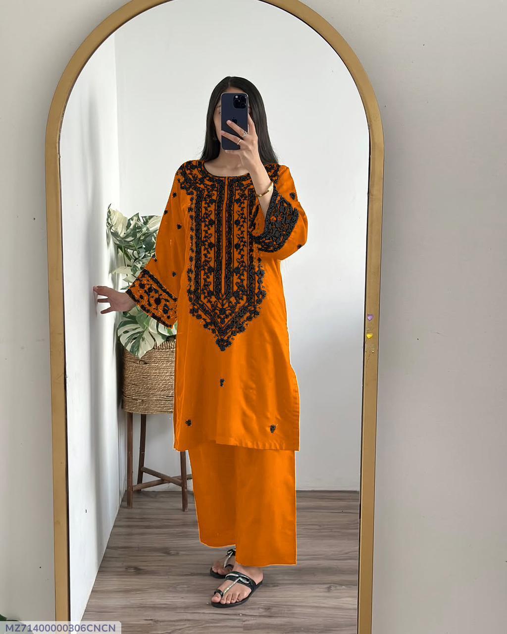 navy 🌙 eid '26 Orange Embroidered Kurta Set for Women — women handbags & dresses — The Queens — gallery image 3