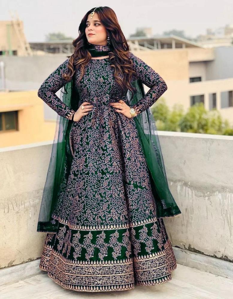 navy women's stitched Green Printed Katan Silk Maxi Suit Set for Women — women handbags & dresses — The Queens