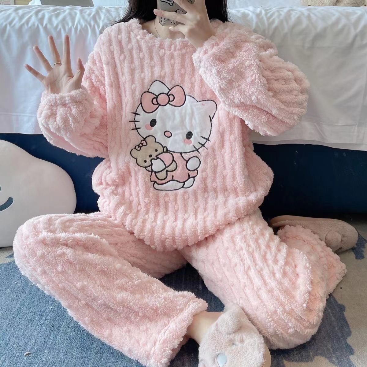 kitten pink women's stitched Women Fleece Hello Kitty Winter Pajamas Sweet Cartoon Home Wear — women handbags & dresses — The Queens — gallery image 5