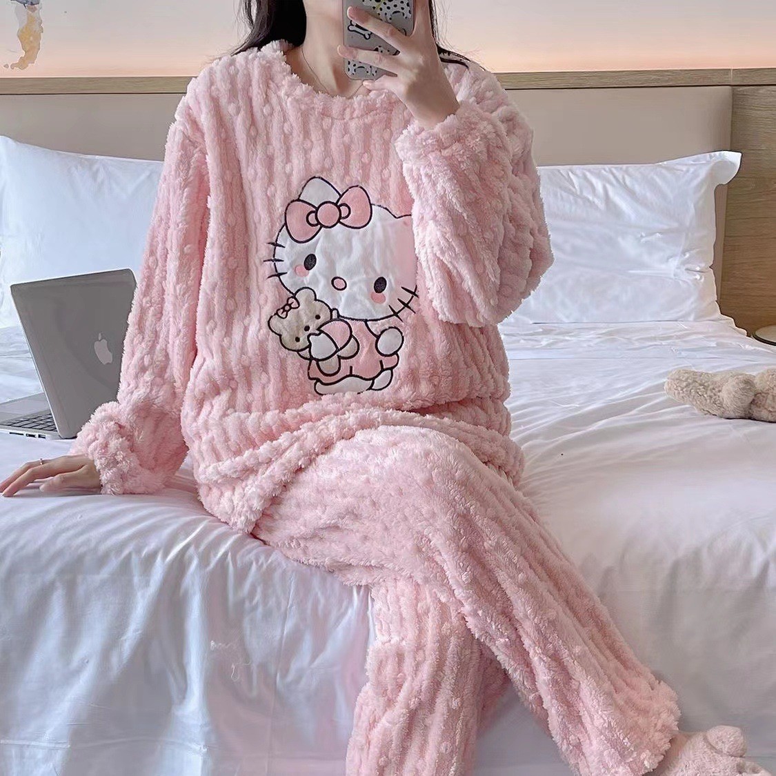 kitten pink women's stitched Women Fleece Hello Kitty Winter Pajamas Sweet Cartoon Home Wear — women handbags & dresses — The Queens