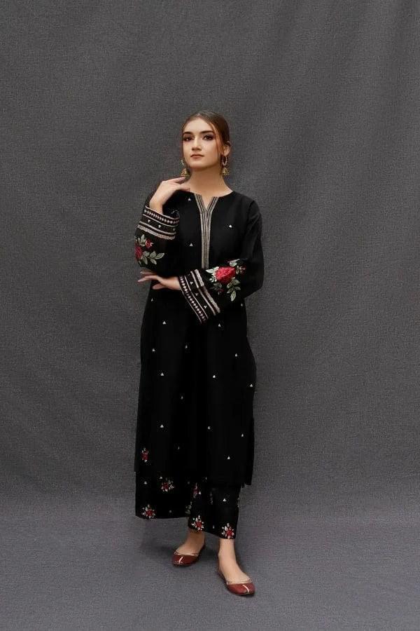 black women's unstitched Black Embroidered Lawn 3Pcs Set with Digital Dupatta — women handbags & dresses — The Queens — gallery image 4