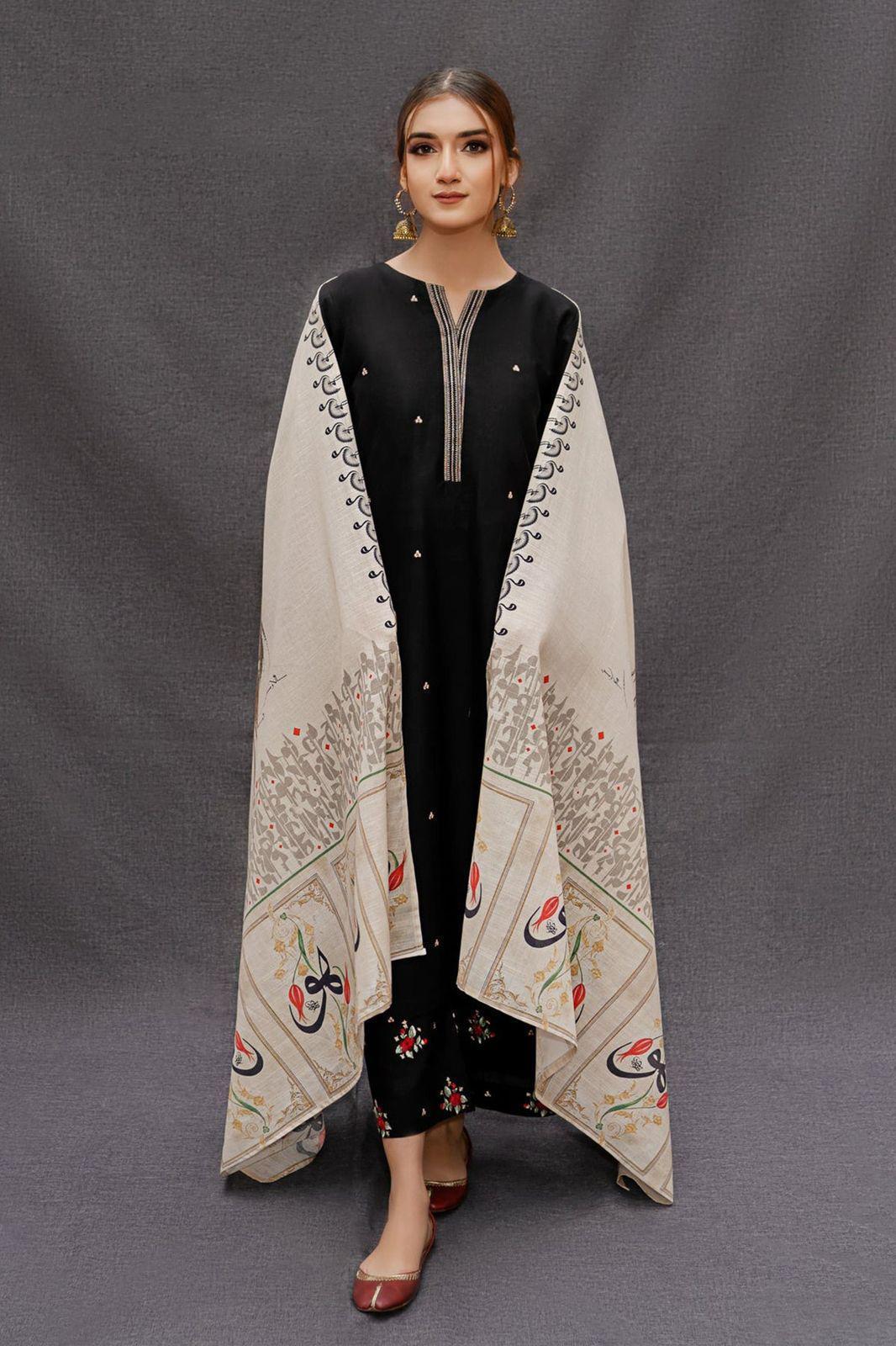 black women's unstitched Black Embroidered Lawn 3Pcs Set with Digital Dupatta — women handbags & dresses — The Queens — gallery image 2