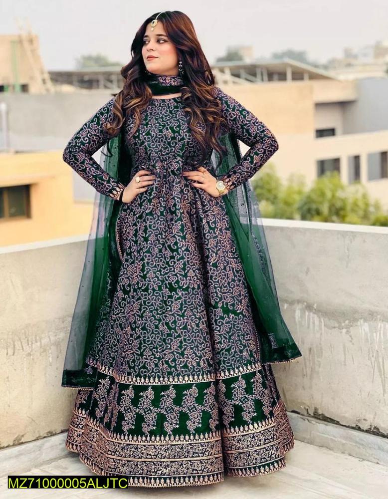 navy women's stitched Green Printed Katan Silk Maxi Suit Set for Women — women handbags & dresses — The Queens — gallery image 3