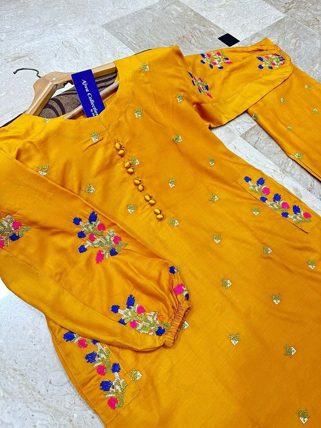navy women's stitched Yellow Embroidered 2-Piece Cotton Set for Women — women handbags & dresses — The Queens — gallery image 3