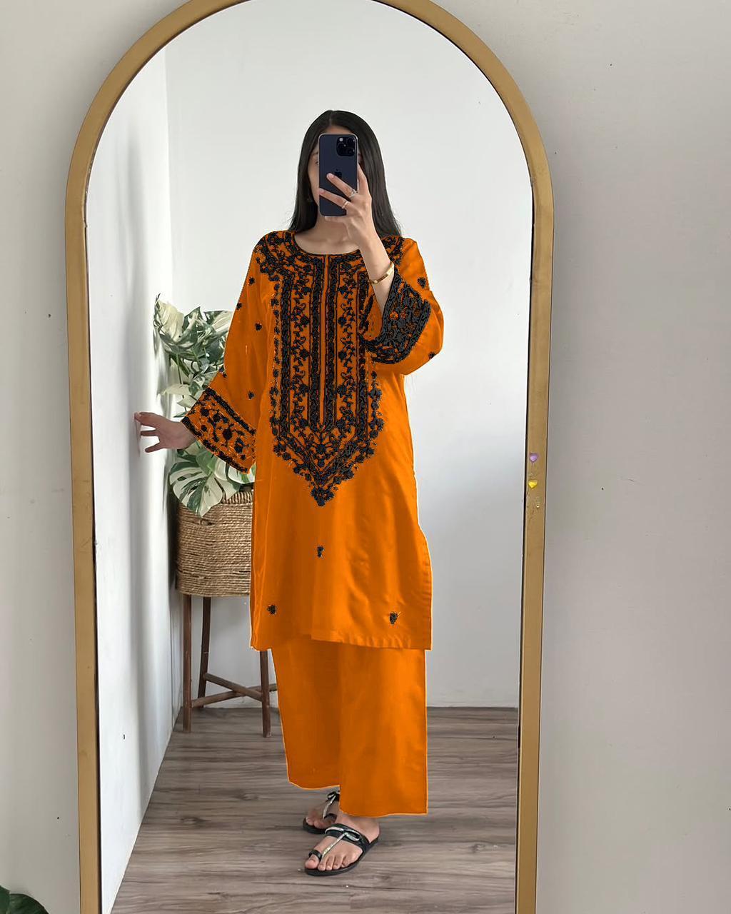 navy 🌙 eid '26 Orange Embroidered Kurta Set for Women — women handbags & dresses — The Queens