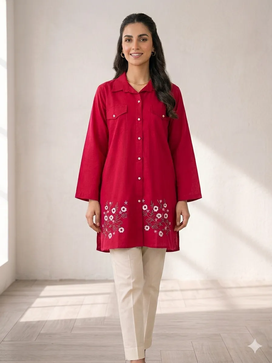 navy women's stitched Red Embroidered Lawn Kurta for Women Medium — women handbags & dresses — The Queens